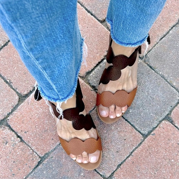 Penelope Collection Spanish Brown Leather Scalloped Wood Heel Cork Sandals 41 - Picture 4 of 10